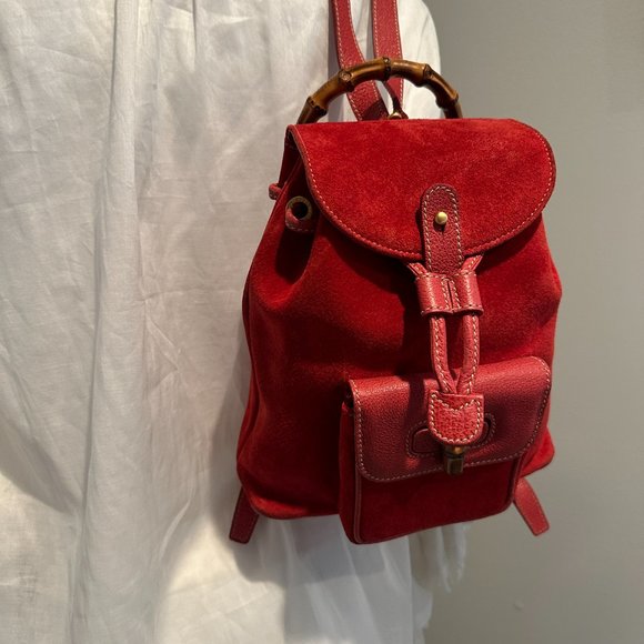 Vintage GUCCI Suede Red Bamboo Backpack (Mini) - Picture 2 of 7